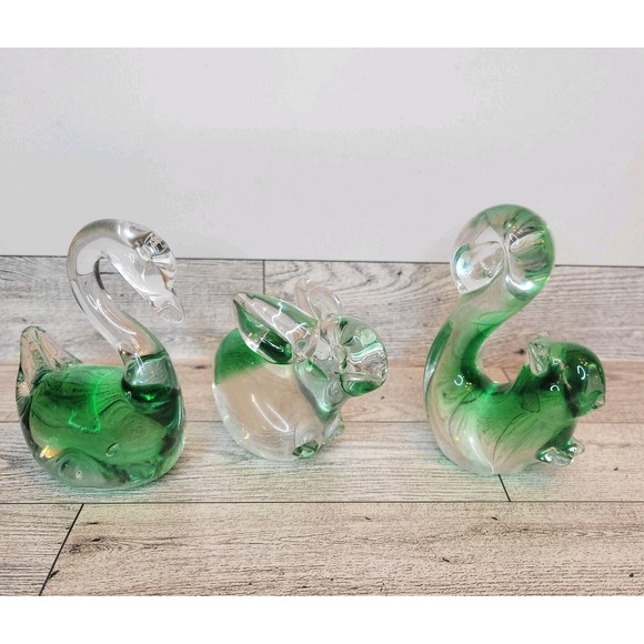 Other - 3 Murano Style Art Glass Bunny Swan Squirrel Paperweight Clear Green Vintage